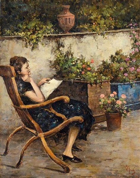 Giardino Con Ragazza In Lettura Oil Painting by Vincenzo Irolli