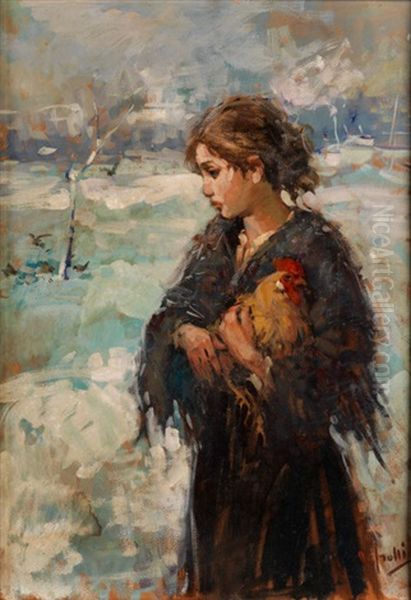 Junges Madchen Mit Huhn In Verschneiter Landschaft by Vincenzo Irolli