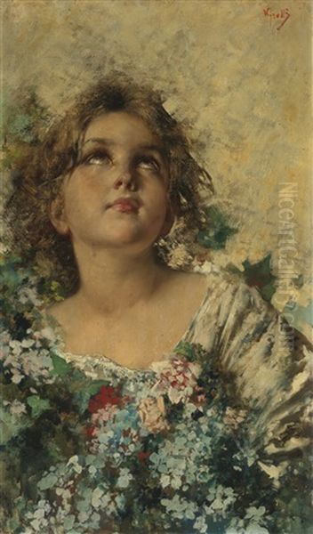 Girl With Flowers Oil Painting by Vincenzo Irolli