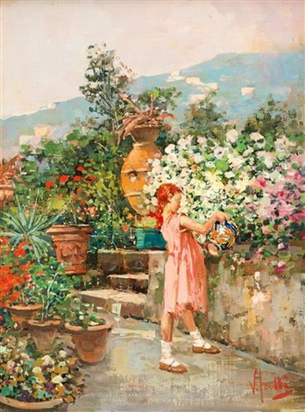 Bambina In Terrazza (madchen Auf Der Terrasse) Oil Painting by Vincenzo Irolli