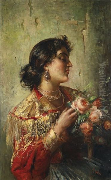 Dame Mit Rosenbouquet Oil Painting by Vincenzo Irolli