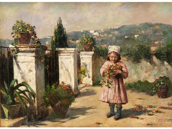 Kleines Madchen Mit Blumen Auf Einer Hugelterrasse Oil Painting by Vincenzo Irolli