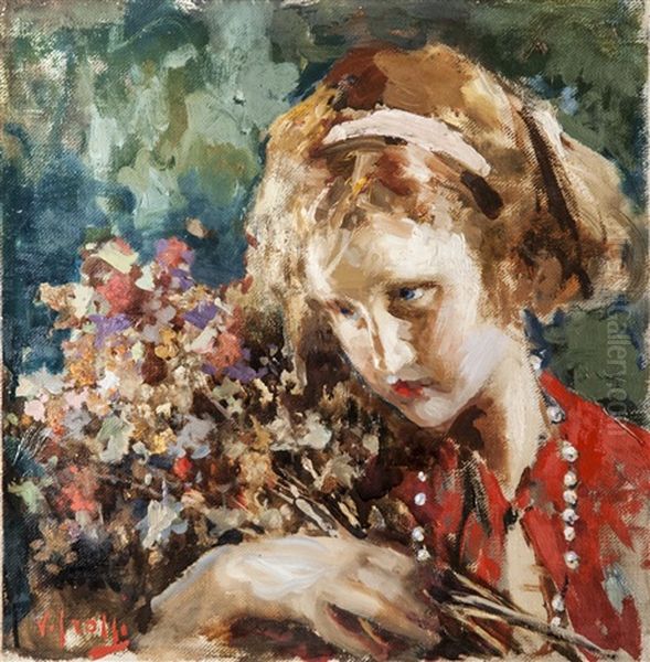 Fanciulla In Rosso Con Fiori E Perle Oil Painting by Vincenzo Irolli