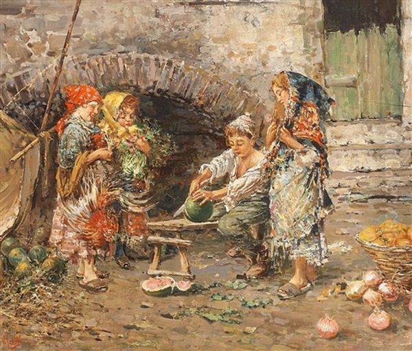 Vier Kinder Beim Anschneiden Einer Wassermelone Oil Painting by Vincenzo Irolli