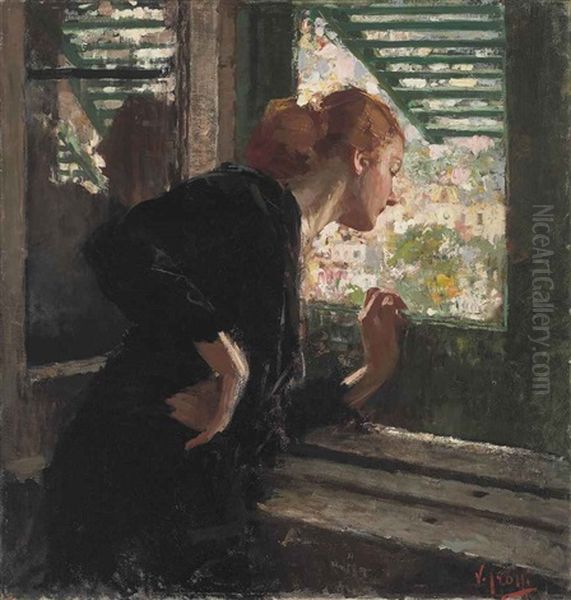 Lady At A Window Oil Painting by Vincenzo Irolli