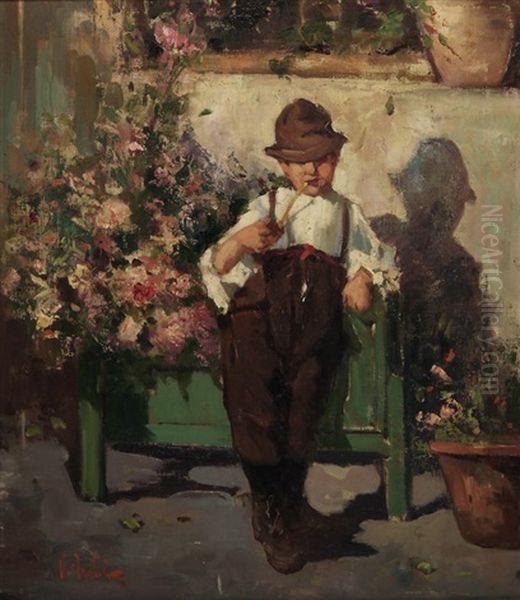 Knabe Mit Pfeife An Einen Blumenkasten Mit Malven Gelehnt Oil Painting by Vincenzo Irolli