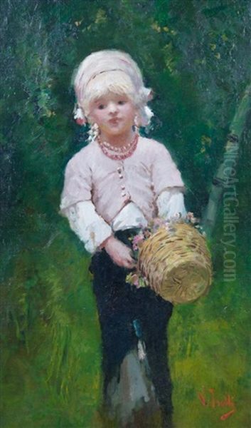 La Bambina Con Cestino Oil Painting by Vincenzo Irolli