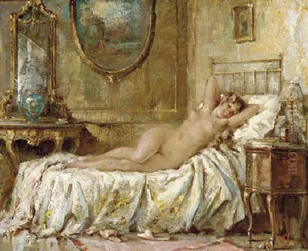 A Reclining Nude On A Bed Oil Painting by Vincenzo Irolli