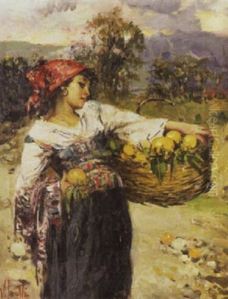 An Italian Peasant Girl With A Basket Of Oranges Oil Painting by Vincenzo Irolli