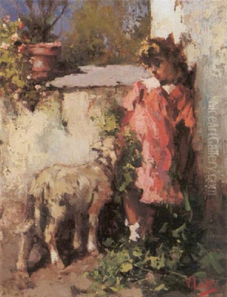 Bambina Con Agnellino Oil Painting by Vincenzo Irolli