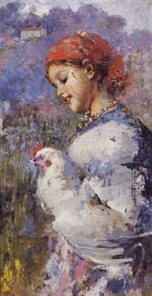 Young Girl With Chicken Oil Painting by Vincenzo Irolli