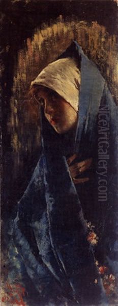 Jeune Femme Au Chale Bleu Oil Painting by Vincenzo Irolli