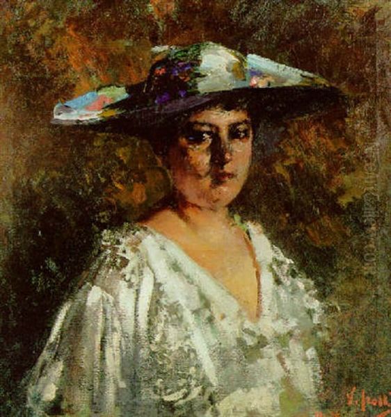 A Lady With A Hat Oil Painting by Vincenzo Irolli