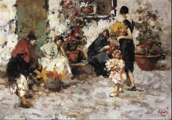 At The Flower Market Oil Painting by Vincenzo Irolli