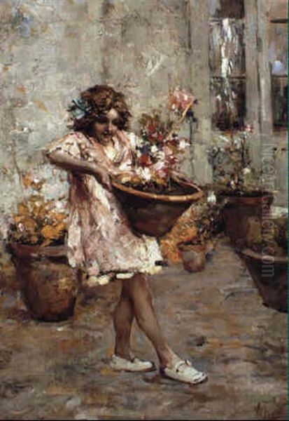 Ritratto Di Bambina Con Vaso Di Fiori Oil Painting by Vincenzo Irolli