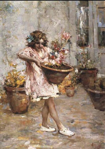 Portrait Of A Girl Moving Flowerpots Oil Painting by Vincenzo Irolli