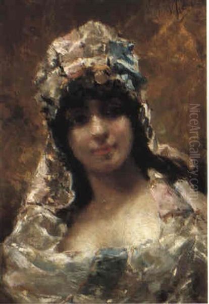 Portrait Of A Lady With A Lace Bonnet Oil Painting by Vincenzo Irolli