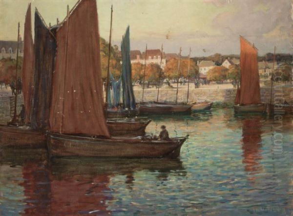 Boats In A Harbor Oil Painting by Wilson Henry Irvine