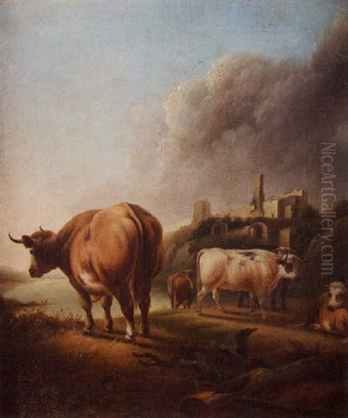 Highland Cattle Near A Castle Oil Painting by John Beaufain Irving