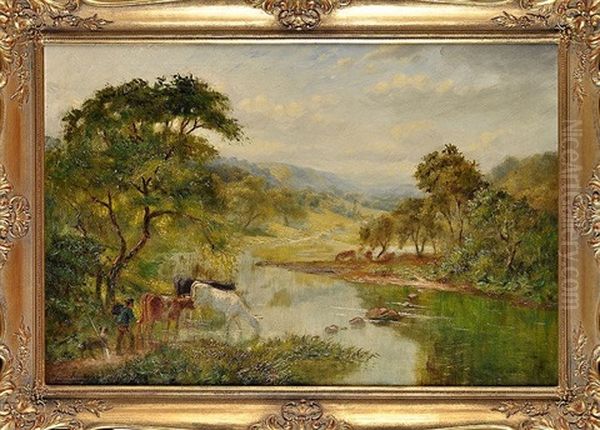 A Herdsman And Cattle On The Banks Of A River Oil Painting by William Irving