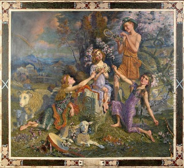 An Arcadian Scene Incorporating Portraits Of The Son And Three Daughters Of The Rev. Thomas Wilson With Grecian Temple, A Rainbow And Apple-blossom Oil Painting by William Irving