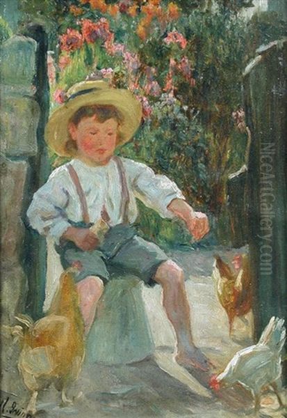 A Small Boy Feeding Chickens In A Garden In Summer Oil Painting by William Irving