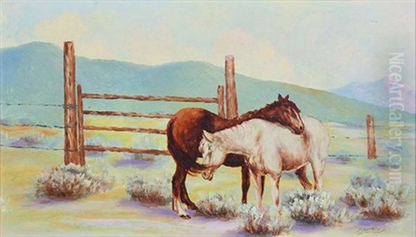 Two Horses In A Sage Corral Oil Painting by Benoni Irwin