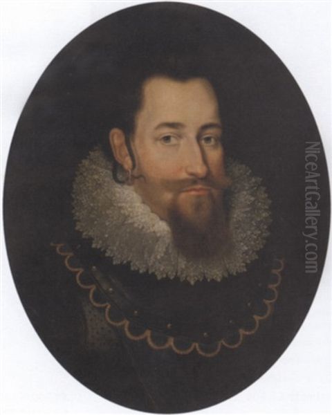 Portrait Of Christian Iv, King Of Denmark And Norway, In A Black Doublet With A Steel Gorget And A Lace Ruff Oil Painting by Pieter Fransz Isaacsz