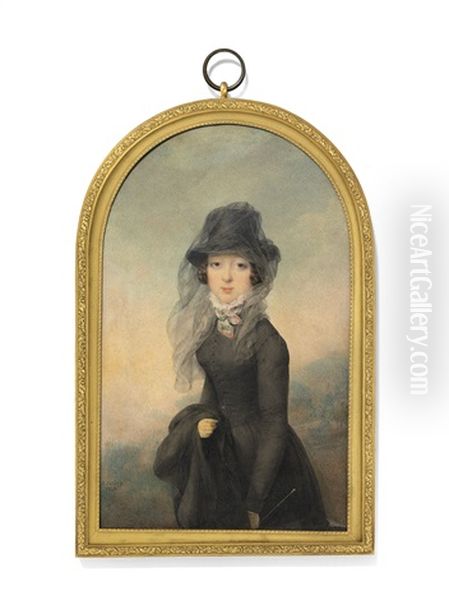 A Lady In Black Dress, Wearing A Hat And Veil And Holding A Riding Crop Oil Painting by Jean-Baptiste Isabey