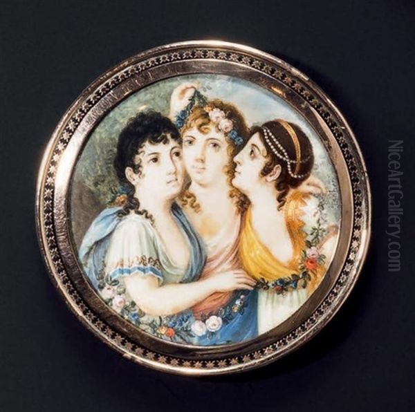 Les Trois Graces, Ou Triple Portrait De Jeunes Filles Vetues A L'antique Dans Une Grande Couronne De Fleurs Oil Painting by Jean-Baptiste Isabey