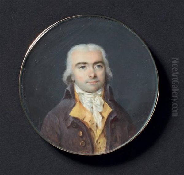 Portrait D'homme En Buste, Presque De Face, En Habit Jaune A Haut Col, A Gilet Jaune Et Cravate Blanche Nouee Oil Painting by Jean-Baptiste Isabey