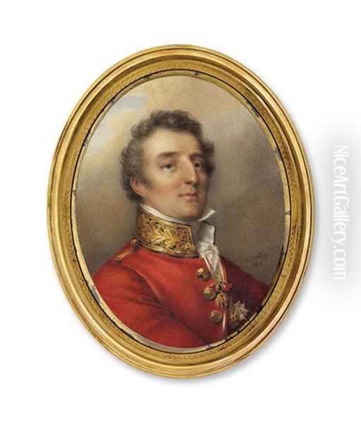 Arthur Wellesley, 1st Duke Of Wellington (1769-1852), In Red Uniform With Gold-embroidered Black Collar, White Shirt And Stock Oil Painting by Jean-Baptiste Isabey