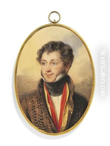 A Young Gentleman, In Open Brown Coat With Frogging, Buff Colored Waistcoat, Red Scarf, White Shirt, Black Stock, Wearing Three Orders, Brown Hair And Sideburns Oil Painting by Jean-Baptiste Isabey