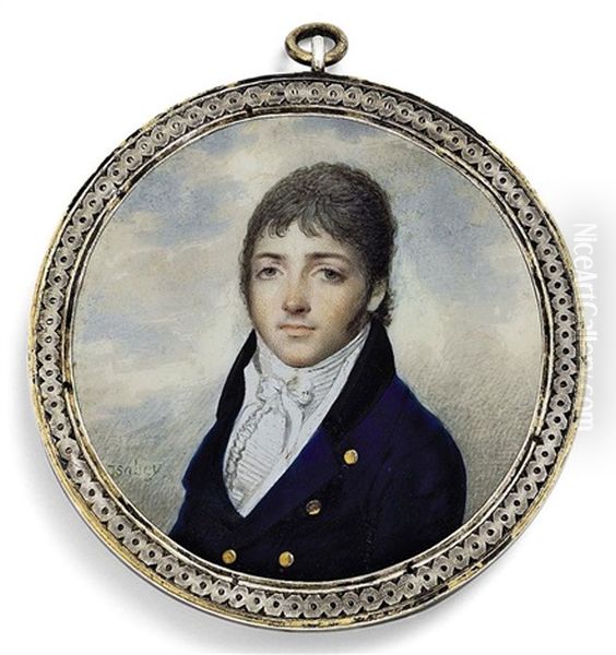 A Young Gentleman, In Blue Coat With Brass Buttons, Tied White Cravat, Fair Hair And Sideburns Oil Painting by Jean-Baptiste Isabey