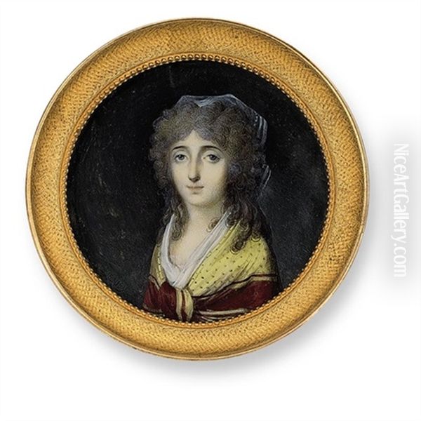 A Young Lady, In Yellow And Red Shawl Oil Painting by Jean-Baptiste Isabey