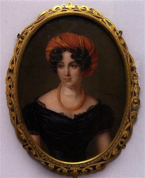 Portrait Einer Bildschonen Aristokratin Im Schwarzen Taftkleid Und Mit Rotem Turban by Jean-Baptiste Isabey