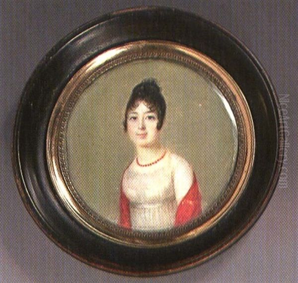 Edmonde Tilhac, Brune A Chignon, Collier De Corail, Robe De Soie Blanche, Ceinture A Taille, Chale Rouge Sur Les Epaules Oil Painting by Jean-Baptiste Isabey