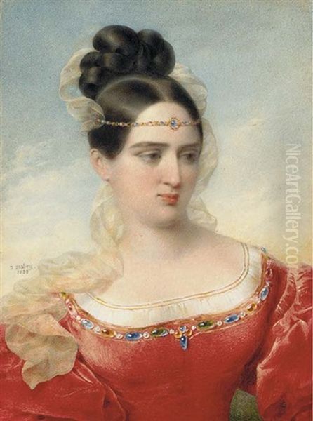 A Young Lady Called Madame De Senonnes, In Red Silk Dress, The Border Encrusted With Multi-coloured Jewels And Gold-bordered White Underdress, Gold Necklace Worn As A Headband Oil Painting by Jean-Baptiste Isabey