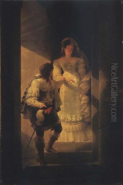 Un Couple Descendant L'escalier De La Tourelle Du Chateau D'harcourt by Jean-Baptiste Isabey