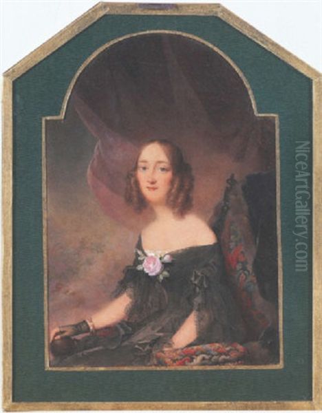 A Young Lady, Her Hair In Ringlets, Wears Decollete Black Dress, Black Gauze Fingerless Glove, Pearl Set Gold Bangles And Large Pink Rose Oil Painting by Jean-Baptiste Isabey