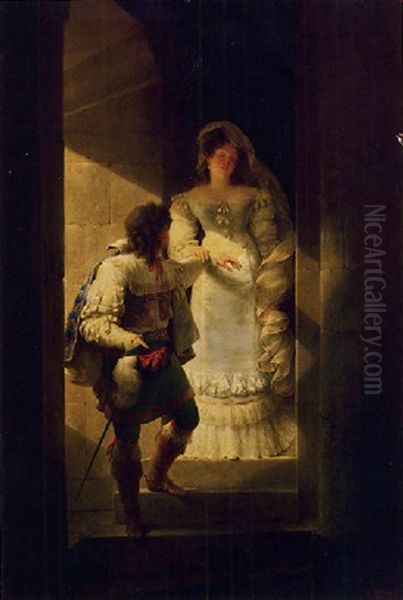 A Man And A Woman Descending A Spiral Staircase In The Chateau D'harcourt Oil Painting by Jean-Baptiste Isabey