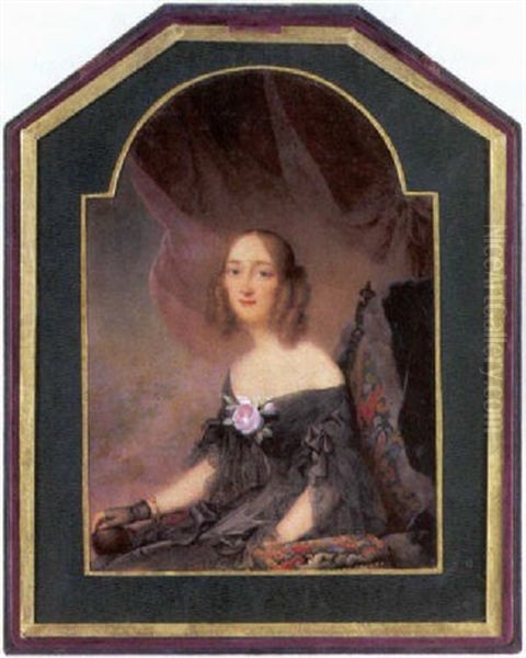 Une Jeune Femme Assise Dans Un Fauteuil Garni De Tapisserie Polychrome, Vetue D'une Robe De Soie Noire Bordee De Dentelles Et Piquee D'une Rose Oil Painting by Jean-Baptiste Isabey