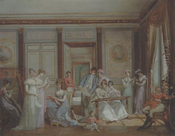 A Neoclassical Salon With Ladies Making Entertainment Oil Painting by Jean-Baptiste Isabey