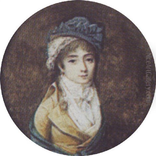 A Lady Wearing A Lace Bonnet And A Blue Hat Oil Painting by Jean-Baptiste Isabey