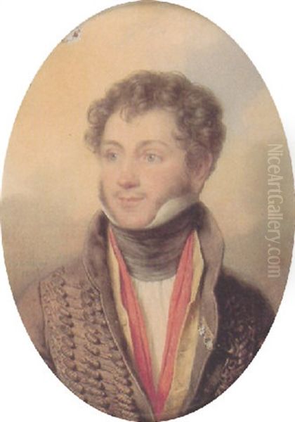 A Fine Portrait Of An Officer In Brown Coat With Fringing, Yellow Waistcoat With Red Lining Oil Painting by Jean-Baptiste Isabey