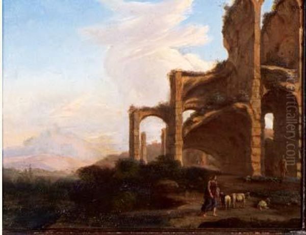 Troupeau Et Personnage Dans Un Paysage De Ruines A L'antique Oil Painting by Breenburg Bartholomaus