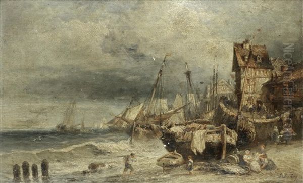 Sailing Vessels In The Harbour Oil Painting by Louis-Gabriel-Eugene Isabey