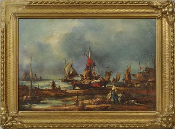 Strandszene Mit Hinausfahrenden Fischerbooten Oil Painting by Louis-Gabriel-Eugene Isabey