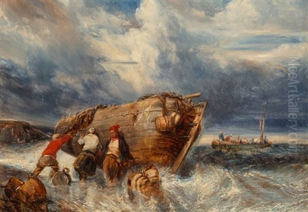 Casting Off In Stormy Seas Oil Painting by Louis-Gabriel-Eugene Isabey