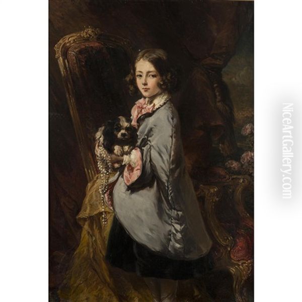 Portrait De Fillette Avec Son King Charles Oil Painting by Louis-Gabriel-Eugene Isabey